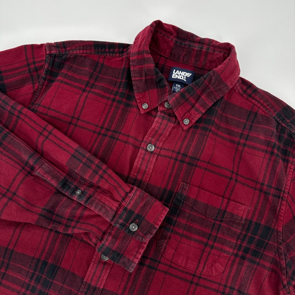 Lands End Mens XXL Red Black Plaid Flannel Shirt Traditional Fit Cotton Long Slv